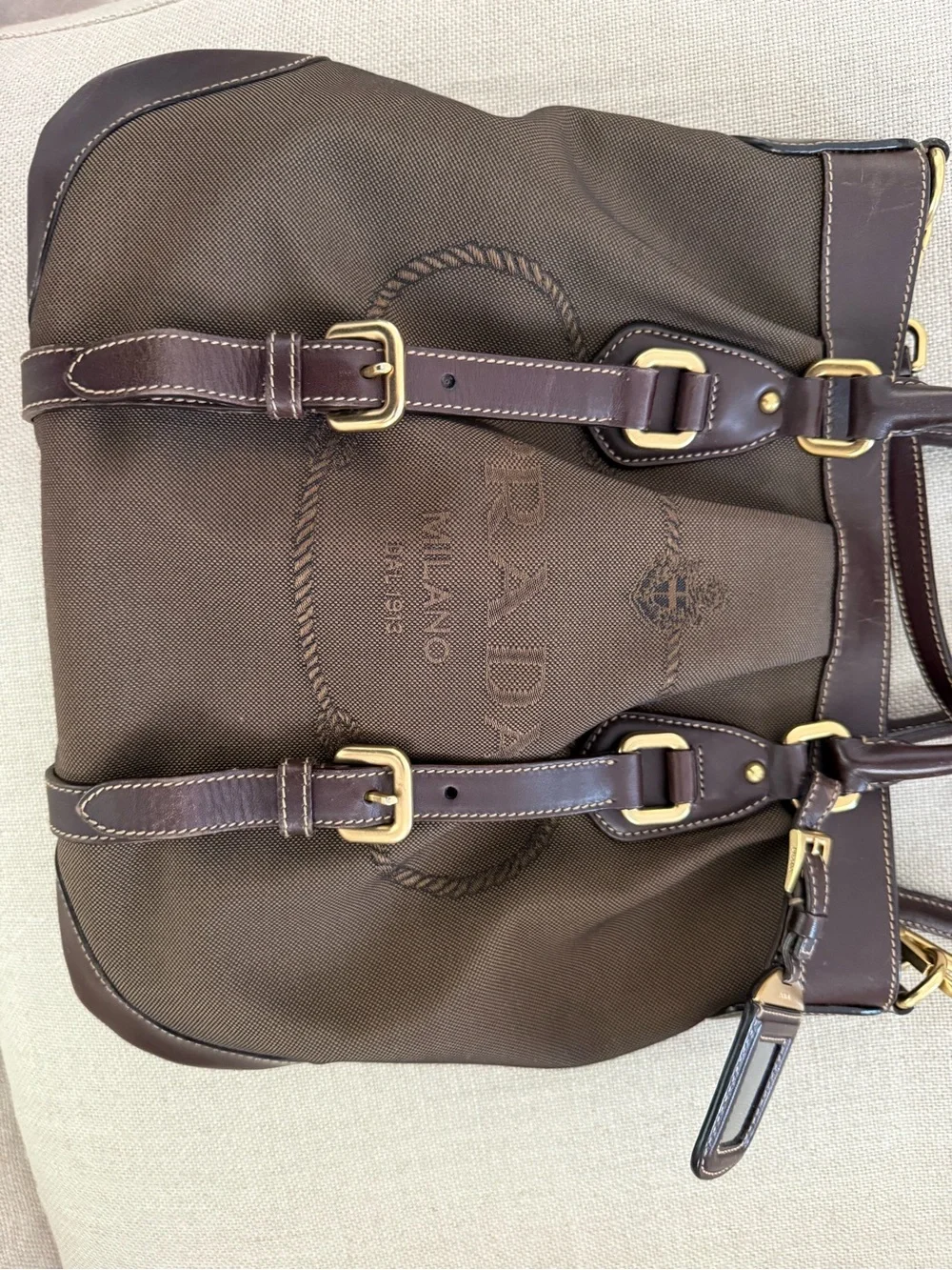 Prada Brown Canvas and Dark Brown Leather Crossbody Tote with Gold Hardware